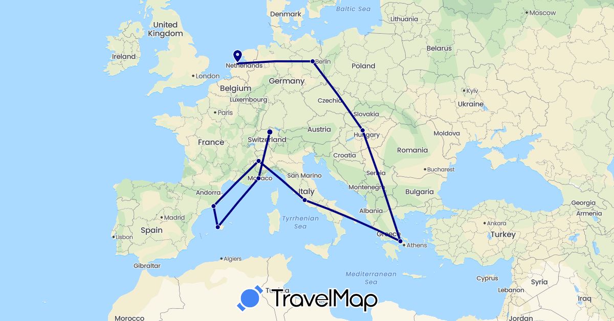 TravelMap itinerary: driving in Switzerland, Germany, Spain, France, Greece, Hungary, Italy, Netherlands (Europe)